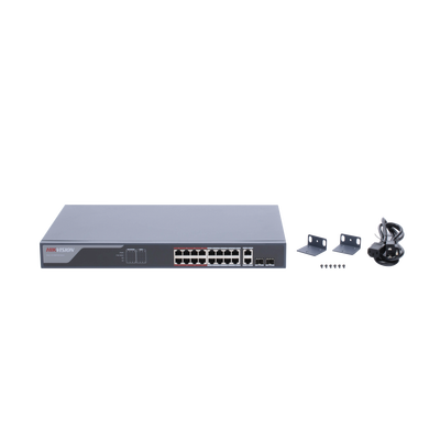HIKVISION - Switch PoE+ / Monitoreable / 16 puertos 10/100 Mbps PoE+ / 2 Puertos 1000 Mbps Uplink / 2 Puertos SFP de Uplink /  Configuración Nube Hik-Partner Pro / Modo Extendido hasta 300 metros / 230 W