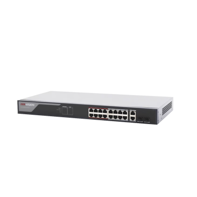 HIKVISION - Switch PoE+ / Monitoreable / 16 puertos 10/100 Mbps PoE+ / 2 Puertos 1000 Mbps Uplink / 2 Puertos SFP de Uplink /  Configuración Nube Hik-Partner Pro / Modo Extendido hasta 300 metros / 230 W