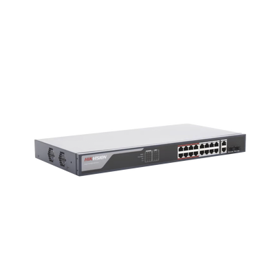 HIKVISION - Switch PoE+ / Monitoreable / 16 puertos 10/100 Mbps PoE+ / 2 Puertos 1000 Mbps Uplink / 2 Puertos SFP de Uplink /  Configuración Nube Hik-Partner Pro / Modo Extendido hasta 300 metros / 230 W