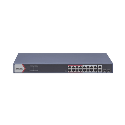 HIKVISION - Switch PoE+ / Monitoreable / 16 puertos 10/100 Mbps PoE+ / 2 Puertos 1000 Mbps Uplink / 2 Puertos SFP de Uplink /  Configuración Nube Hik-Partner Pro / Modo Extendido hasta 300 metros / 230 W