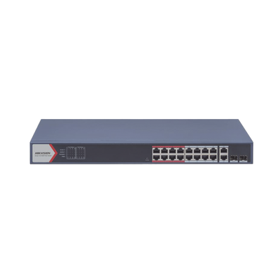 HIKVISION - Switch PoE+ / Monitoreable / 16 puertos 10/100 Mbps PoE+ / 2 Puertos 1000 Mbps Uplink / 2 Puertos SFP de Uplink /  Configuración Nube Hik-Partner Pro / Modo Extendido hasta 300 metros / 230 W