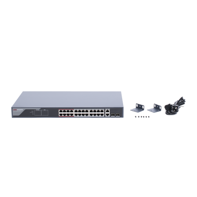HIKVISION - Switch  PoE+ / Monitoreable / 24 Puertos 100 Mbps PoE+ / 2 Puertos 1000 Mbps + 2 Puertos SFP de Uplink (COMBO) / Configuración Nube Hik-Partner Pro / Modo Extendido hasta 300 Metros / 370 Watts