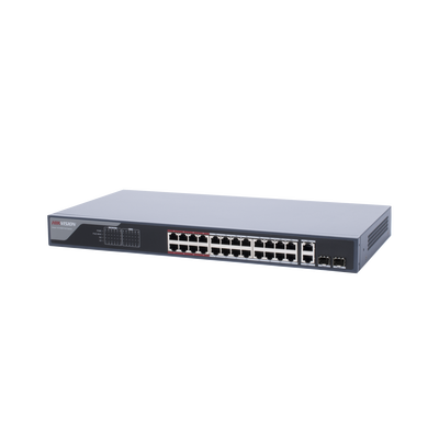 HIKVISION - Switch  PoE+ / Monitoreable / 24 Puertos 100 Mbps PoE+ / 2 Puertos 1000 Mbps + 2 Puertos SFP de Uplink (COMBO) / Configuración Nube Hik-Partner Pro / Modo Extendido hasta 300 Metros / 370 Watts