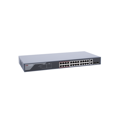 HIKVISION - Switch  PoE+ / Monitoreable / 24 Puertos 100 Mbps PoE+ / 2 Puertos 1000 Mbps + 2 Puertos SFP de Uplink (COMBO) / Configuración Nube Hik-Partner Pro / Modo Extendido hasta 300 Metros / 370 Watts