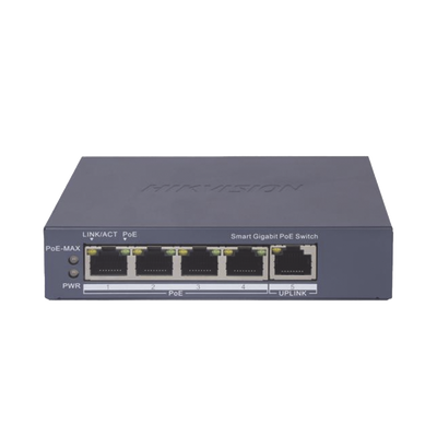 HIKVISION - Switch Gigabit PoE+ / Administrable / 4 Puertos 1000 Mbps PoE+ / 1 Puerto 1000 Mbps Uplink / Configuración Nube Hik-PartnerPro / Modo Extendido hasta 300 Metros / 60 Watts
