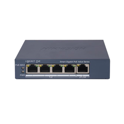 HIKVISION - Switch Gigabit PoE+ / Monitoreable / 4 Puertos 1000 Mbps PoE+ / 1 Puerto 1000 Mbps Uplink / Configuración Nube Hik-PartnerPro / Modo Extendido hasta 300 Metros / 45 Watts