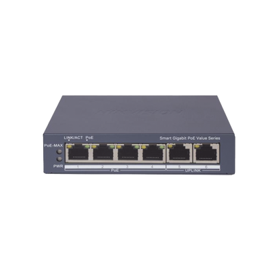 HIKVISION - Switch Gigabit PoE+ / Administrable / 4 Puertos 1000 Mbps PoE+ / 2 Puertos 1000 Mbps Uplink / Configuración Nube Hik-PartnerPro / Modo Extendido hasta 300 Metros / 45 Watts
