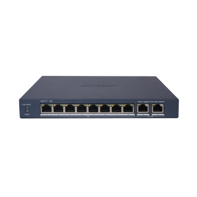 HIKVISION - Switch Gigabit PoE+ / Administrable / 8 Puertos 1000 Mbps PoE+ / 2 Puertos 1000 Mbps de Uplink / Configuración Nube Hik-PartnerPro / Modo Extendido hasta 300 Metros / 60 W