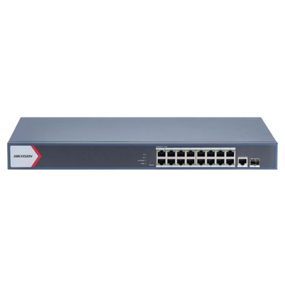 HIKVISION - Switch Gigabit PoE+ / Administrable / 16 Puertos 1000 Mbps PoE+ / 1 Puerto 1000 Mbps de Uplink / 1 Puerto SFP /  Configuración Nube desde Hik-Partner Pro / Modo Extendido hasta 300 Metros / 230 Watts