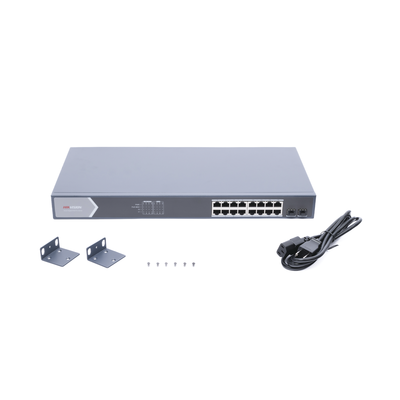 HIKVISION - Switch Gigabit PoE+ / Administrable / 16 Puertos 1000 Mbps PoE+ / 2 Puertos SFP / Configuración Nube desde Hik-ParnerPro / PoE hasta 300 Metros / 225 Watts