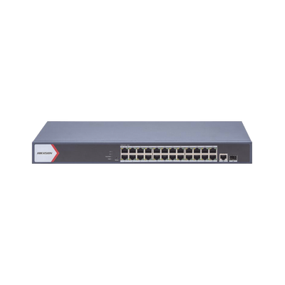 HIKVISION - Switch Gigabit PoE+ / Monitoreable / 24 Puertos 1000 Mbps PoE+ /  1 Puerto 100 uplink / 1 Puerto 1000 Mbps Uplink / 1 Puertos SFP Uplink / Configuración Nube desde Hik-PartnerPro / Modo Extendido hasta 300 Metros / 370 W