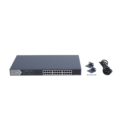 HIKVISION - Switch Gigabit PoE+ / Administrable / 24 Puertos 1000 Mbps PoE+ / 2 Puertos SFP / Configuración Remota desde Hik-PartnerPro / PoE Extendido 250 Metros / 370 Watts