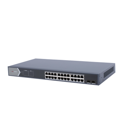 HIKVISION - Switch Gigabit PoE+ / Administrable / 24 Puertos 1000 Mbps PoE+ / 2 Puertos SFP / Configuración Remota desde Hik-PartnerPro / PoE Extendido 250 Metros / 370 Watts