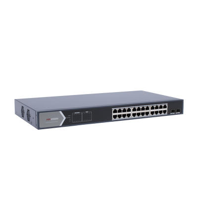 HIKVISION - Switch Gigabit PoE+ / Administrable / 24 Puertos 1000 Mbps PoE+ / 2 Puertos SFP / Configuración Remota desde Hik-PartnerPro / PoE Extendido 250 Metros / 370 Watts