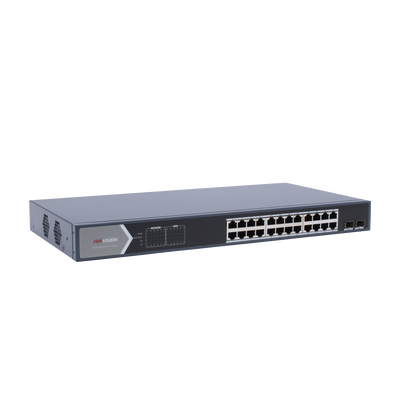 HIKVISION - Switch Gigabit PoE+ / Administrable / 24 Puertos 1000 Mbps PoE+ / 2 Puertos SFP / Configuración Remota desde Hik-PartnerPro / PoE Extendido 250 Metros / 370 Watts