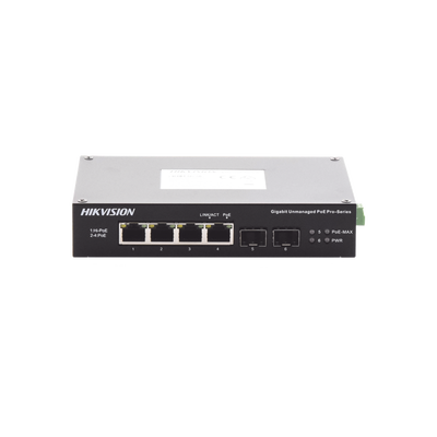 HIKVISION - Switch Industrial No Administrable Gigabit / 3 Puertos Gigabit PoE+ (30 W) + 1 Puerto Gigabit PoE++ (60 W) / 2 Puertos SFP / 65 W Total / 48 a 57 VCD / Ideal para Proyectos / 300 Metros de Distancia