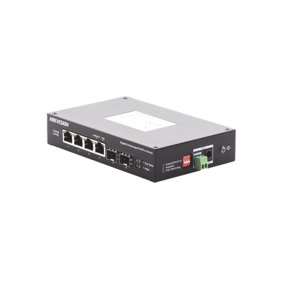 HIKVISION - Switch Industrial No Administrable Gigabit / 3 Puertos Gigabit PoE+ (30 W) + 1 Puerto Gigabit PoE++ (60 W) / 2 Puertos SFP / 65 W Total / 48 a 57 VCD / Ideal para Proyectos / 300 Metros de Distancia
