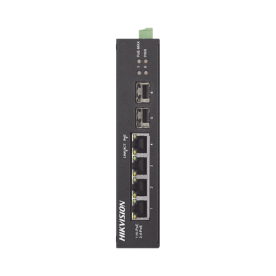 HIKVISION - Switch Industrial No Administrable Gigabit / 3 Puertos Gigabit PoE+ (30 W) + 1 Puerto Gigabit PoE++ (60 W) / 2 Puertos SFP / 65 W Total / 48 a 57 VCD / Ideal para Proyectos / 300 Metros de Distancia