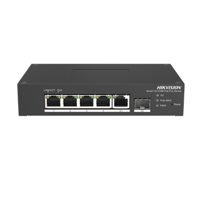HIKVISION - Switch PoE+ Industrial de Escritorio / Administrable / 4 Puertos 10/100 Mbps PoE+ / 1 Puerto 1000 Mbps Uplink / 1 Puertos SFP  /  Configuración Nube Hik-PartnerPro / Modo Extendido hasta 300 Metros / 60 Watts