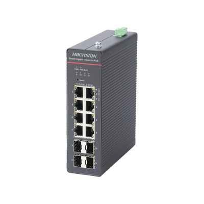 HIKVISION - Switch Gigabit PoE+ / Industrial / Administrable / 4 Puertos Gigabit PoE+ (90 W) + 4 Puertos Gigabit PoE+(30 W) / 4 Puertos Gigabit SFP / 300 W Total / 48 a 57 VCD / Ideal para Proyectos / 300 Metros de Distancia