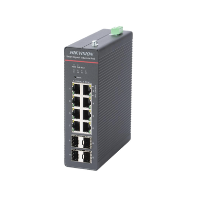 HIKVISION - Switch Gigabit PoE+ / Industrial / Administrable / 4 Puertos Gigabit PoE+ (90 W) + 4 Puertos Gigabit PoE+(30 W) / 4 Puertos Gigabit SFP / 300 W Total / 48 a 57 VCD / Ideal para Proyectos / 300 Metros de Distancia