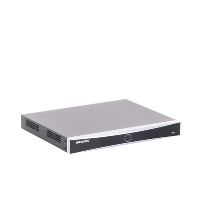 HIKVISION - NVR 12 Megapixel (4K) / 16 canales IP / AcuSense (Evita Falsas Alarmas) / Reconocimiento Facial / 2 Bahías de Disco Duro / HDMI en 4K / Sin Puertos PoE+ / Alarmas I/O