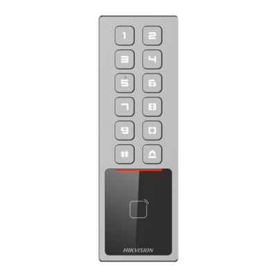 HIKVISION - Teclado Exterior Antivandálico IP65 & IK08 / Administrable en la Nube / Alta y Baja de Passwords Remotamente con Horarios / Acceso por PIN o Tarjeta MIFARE