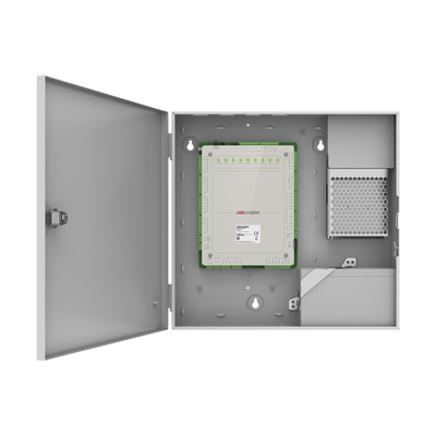 HIKVISION - Controlador de Acceso 4 Puertas Administrable en la Nube con Hik-Connect Teams / Interfaz Web / 8 Lectores de Huella o Tarjeta / 100,000 Tarjetas / 10,000 Huellas / Incluye Gabinete y Fuente de Alimentación 12Vcd 8 A / Soporta Batería de Res