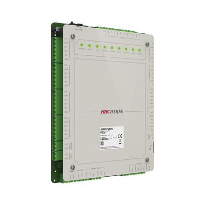 HIKVISION - Controlador de Acceso 4 Puertas Administrable en la Nube con Hik-Connect Teams / Interfaz Web / 8 Lectores de Huella o Tarjeta / 100,000 Tarjetas / 10,000 Huellas / Incluye Gabinete y Fuente de Alimentación 12Vcd 8 A / Soporta Batería de Res