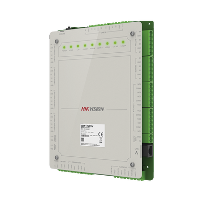 HIKVISION - Controlador de Acceso 4 Puertas Administrable en la Nube con Hik-Connect Teams / Interfaz Web / 8 Lectores de Huella o Tarjeta / 100,000 Tarjetas / 10,000 Huellas / Incluye Gabinete y Fuente de Alimentación 12Vcd 8 A / Soporta Batería de Res