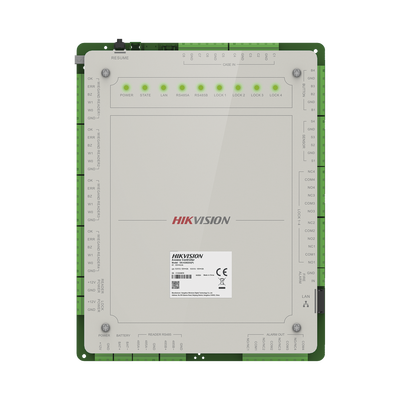 HIKVISION - Controlador de Acceso 4 Puertas Administrable en la Nube con Hik-Connect Teams / Interfaz Web / 8 Lectores de Huella o Tarjeta / 100,000 Tarjetas / 10,000 Huellas / Incluye Gabinete y Fuente de Alimentación 12Vcd 8 A / Soporta Batería de Res