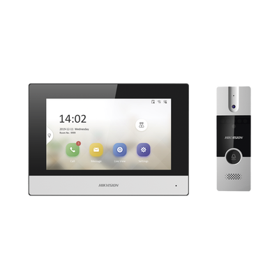 HIKVISION - Kit de Videoportero Híbrido de Plastico / IP a 4 Hilos con Función de Llamada a App Hik-Connect / Monitor se Conecta a Internet por Cable o WiFi y por 4 Hilos al Frente de Calle / Expandible a Mas Equipos