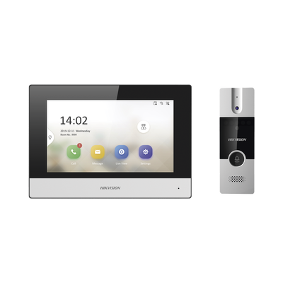 HIKVISION - Kit de Videoportero Híbrido de Plastico / IP a 4 Hilos con Función de Llamada a App Hik-Connect / Monitor se Conecta a Internet por Cable o WiFi y por 4 Hilos al Frente de Calle / Expandible a Mas Equipos