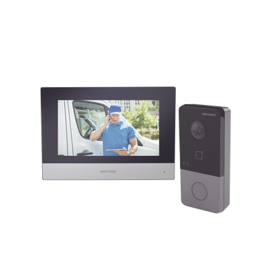 HIKVISION - Kit de Videoportero IP Poe Estandar con llamada a App de Smartphone (HikConnect) / Apertura con tarjeta MIFARE / Frente de calle IP65 / Soporta 1 Departamento
