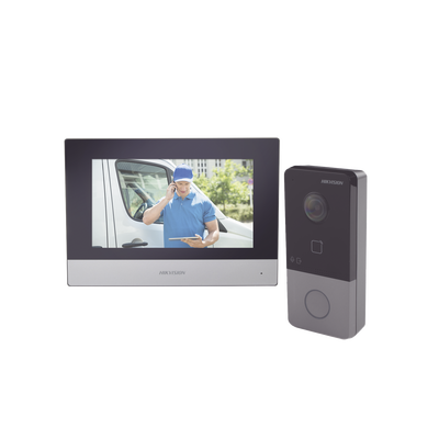 HIKVISION - Kit de Videoportero IP Poe Estandar con llamada a App de Smartphone (HikConnect) / Apertura con tarjeta MIFARE / Frente de calle IP65 / Soporta 1 Departamento