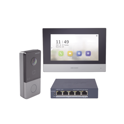 HIKVISION - Kit de Videoportero IP + Switch Poe Poe Estandar con llamada a App de Smartphone (HikConnect) / Apertura con tarjeta MIFARE / Frente de calle IP65 / Soporta 1 Departamento