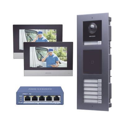 HIKVISION - KIT de Videoportero IP para 7 DEPARTAMENTOS con llamada a App de Smartphone y Lector de Tarjetas EM / 2da Generación (Modular) / Montaje para EMPOTRAR incluido