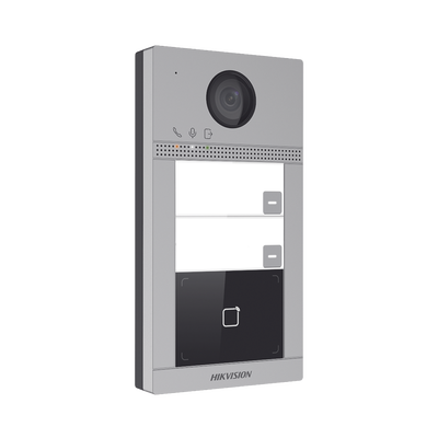 HIKVISION - Videoportero IP 2 Megapixel / Llamada y Apertura Remota desde App Hik-Connect (requiere monitor) / PoE / Exterior IP65 + Antivandalico IK08 / 2 Departamentos / Apertura con Tarjeta / Soporta 2 Puertas y hasta 6 Monitores