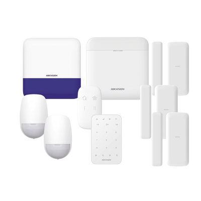 HIKVISION - (AX PRO) KIT de Alarma AX PRO / Incluye: 1 Hub con batería de respaldo/ 2 Sensores PIR / 3 Contactos Magnéticos mini / 1 Control Remoto / 1 Sirena Inalambrica Exterior /1 Teclado Inalámbrico / WiFi / Compatible con Hik-Connect P2P