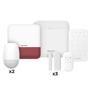 HIKVISION - (AX PRO) KIT de Alarma AX PRO / Incluye: 1 Hub / 2 Sensores PIR / 3 Contactos Magnéticos mini / 1 Control Remoto / 1 Sirena Estrobo en color Rojo Inalámbrica Exterior /1 Teclado Inalámbrico / Wi-Fi / Compatible con Hik-Connect P2P