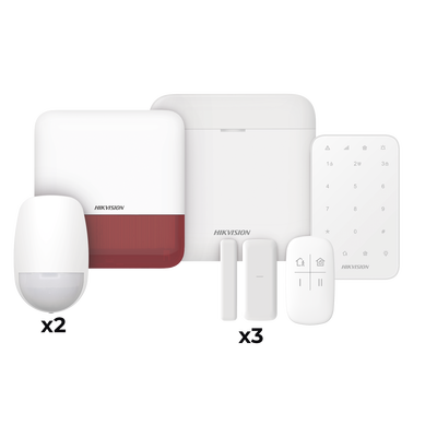 HIKVISION - (AX PRO) KIT de Alarma AX PRO / Incluye: 1 Hub / 2 Sensores PIR / 3 Contactos Magnéticos mini / 1 Control Remoto / 1 Sirena Estrobo en color Rojo Inalámbrica Exterior /1 Teclado Inalámbrico / Wi-Fi / Compatible con Hik-Connect P2P