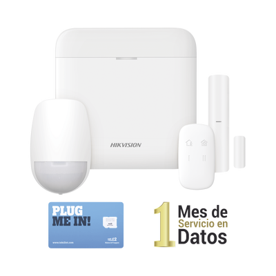 HIKVISION - (AX PRO) KIT de Alarma AX PRO con GSM (3G/4G) / Incluye: 1 Hub con bateria de respaldo / 1 Sensor PIR / 1 Contacto Magnético / 1 Control Remoto /1 MICROSIM30M2M incluye 1 mes de servicio/ Wi-Fi / Compatible con Hik-Connect P2P