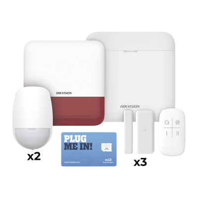 HIKVISION - (AX PRO) KIT de Alarma AX PRO con GSM (3G/4G), Wi-Fi y Ethernet / Incluye: 1 Hub  con batería de respaldo / 2 Sensores PIR / 3 Contactos Magnéticos Slim / 1 Control Remoto / 1 Sirena Roja Inalambrica Exterior