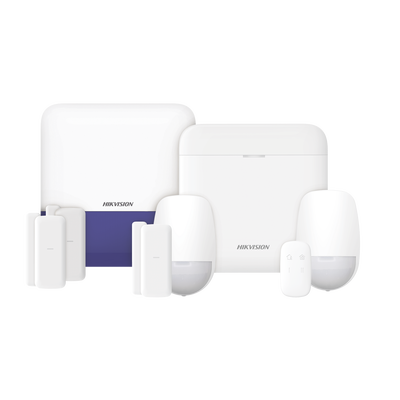 HIKVISION - (AX PRO) KIT de Alarma AX PRO con GSM (3G/4G) / Incluye: 1 Hub con bateria de respaldo / 2 Sensores PIR / 3 Contactos Magnéticos mini / 1 Control Remoto / 1 Sirena Inalambrica Exterior  / WiFi / Compatible con Hik-Connect P2P