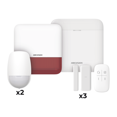 HIKVISION - (AX PRO) KIT de Alarma AX PRO con GSM (3G/4G) / Incluye: 1 Hub con bateria de respaldo / 2 Sensores PIR / 3 Contactos Magnéticos mini / 1 Control Remoto / 1 Sirena estrobo Roja Inalambrica Exterior  / WiFi / Compatible con Hik-Connect P2P