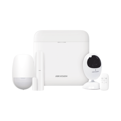HIKVISION - (AX PRO) KIT de Alarma AX PRO con GSM (3G/4G) / Incluye: 1 Hub con bateria de respaldo / 1 Sensor PIR / 1 Contacto Magnético / 1 Control Remoto / 1 Cámara IP / Wi-Fi / Compatible con Hik-Connect P2P / DS-2CV2U21FD-IW