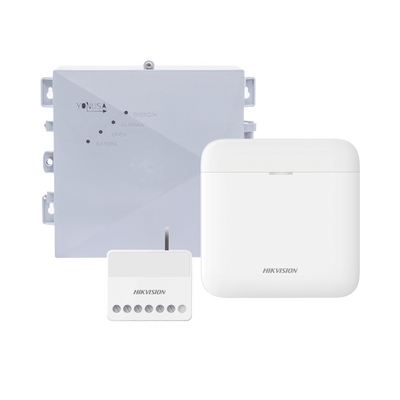 HIKVISION - (AX PRO + YONUSA) KIT de Alarma AX PRO / Incluye: 1 Hub con bateria de respaldo / 1 Energizador 2500Mts Lineales / 1 Relevador  0 a 36 Vcc (Max. 5 A) con Entrada de Alarma 27/7
