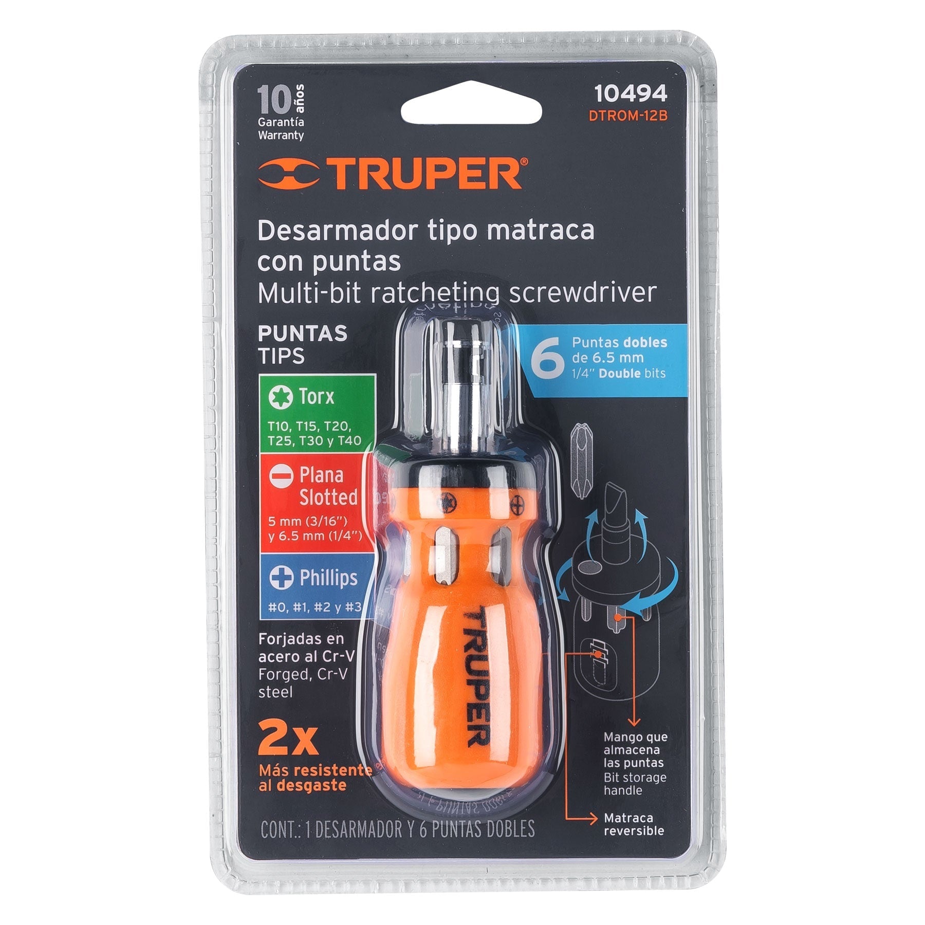 Desarmador tipo trompo con matraca, 6 puntas dobles, blister