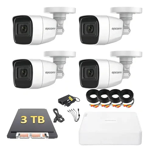 EPCOM PROFESSIONAL - (MICRÓFONO Integrado) Kit TurboHD 1080p Lite / DVR 4 canales / Audio por Coaxitron / 4 Cámaras Bala de Metal con Micrófono Integrado