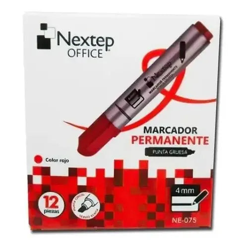 NEXTEP SOLUCIONES - Bundle Marcador Permanente Nextep Punta Gruesa Cincel 4mm Rojo C/12 Cont. 2 Piezas